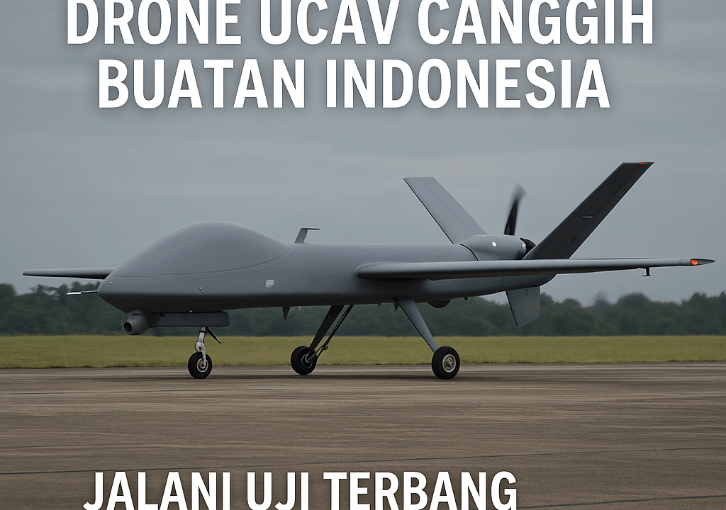 Drone Elang Hitam EH-1 buatan Indonesia dengan tulisan “ELANG HITAM” di badan pesawat, tengah berjalan di landasan pacu pada uji terbang perdana.