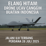 Drone Elang Hitam EH-1 buatan Indonesia dengan tulisan “ELANG HITAM” di badan pesawat, tengah berjalan di landasan pacu pada uji terbang perdana.