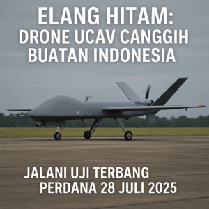 Drone Elang Hitam EH-1 buatan Indonesia dengan tulisan “ELANG HITAM” di badan pesawat, tengah berjalan di landasan pacu pada uji terbang perdana.