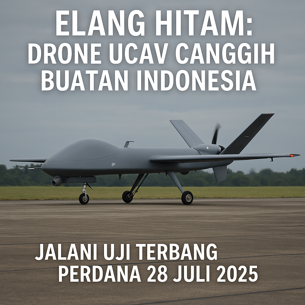Drone Elang Hitam EH-1 buatan Indonesia dengan tulisan “ELANG HITAM” di badan pesawat, tengah berjalan di landasan pacu pada uji terbang perdana.