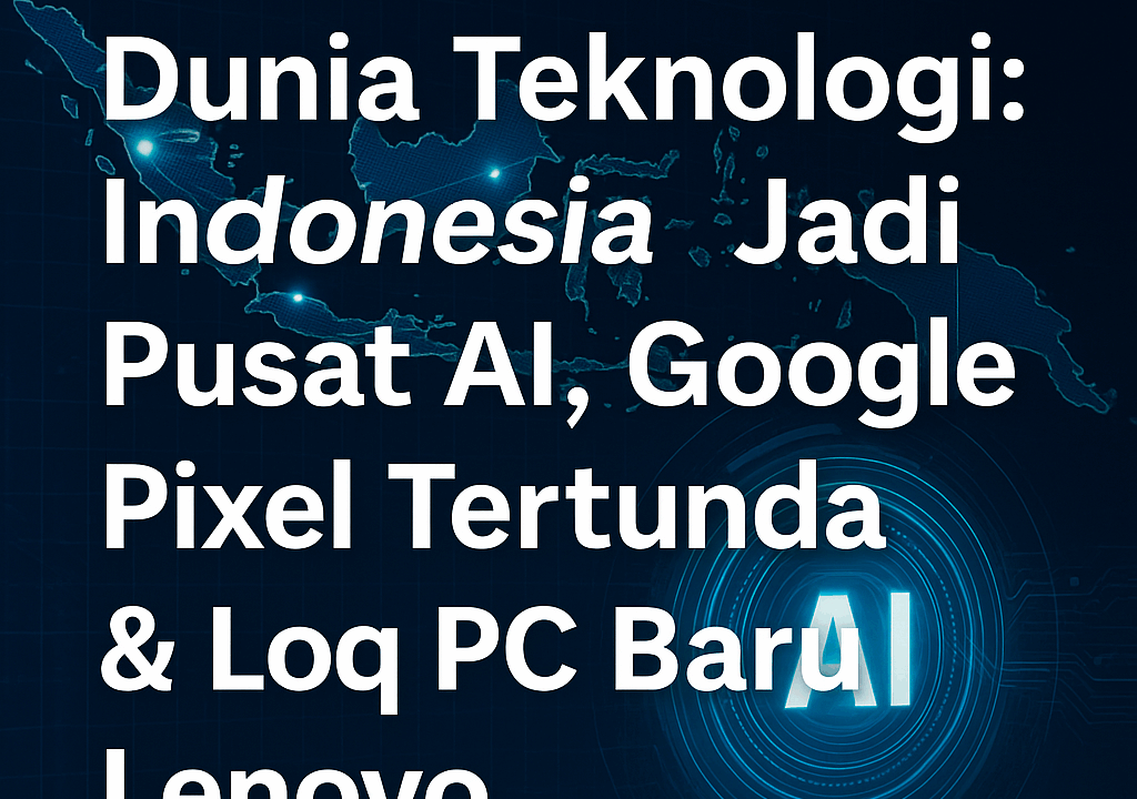 Infografis teknologi: Indonesia pusat AI, strategi AI nasional, Pixel tertunda, dan Lenovo Loq PC diluncurkan.