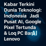 Infografis teknologi: Indonesia pusat AI, strategi AI nasional, Pixel tertunda, dan Lenovo Loq PC diluncurkan.