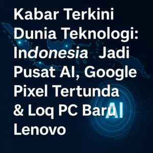 Infografis teknologi: Indonesia pusat AI, strategi AI nasional, Pixel tertunda, dan Lenovo Loq PC diluncurkan.