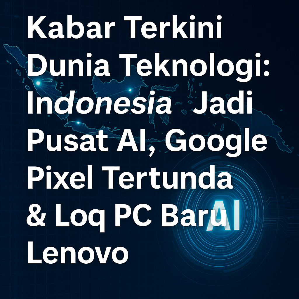 Infografis teknologi: Indonesia pusat AI, strategi AI nasional, Pixel tertunda, dan Lenovo Loq PC diluncurkan.