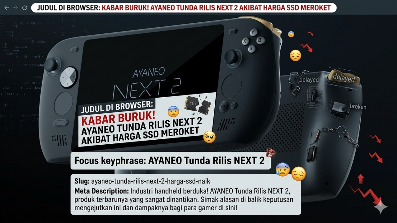 Ilustrasi render produk handheld gaming AYANEO NEXT 2 dengan latar belakang buram dan teks bertuliskan "POSTPONED" atau "DELAYED"