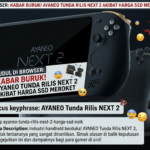 Ilustrasi render produk handheld gaming AYANEO NEXT 2 dengan latar belakang buram dan teks bertuliskan "POSTPONED" atau "DELAYED"