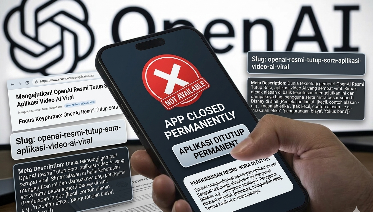 Ilustrasi layar monitor yang menampilkan logo OpenAI Sora dengan tulisan "DISCONTINUED" atau "OFFICIALLY CLOSED", melambangkan kabar bahwa OpenAI Resmi Tutup Sora, aplikasi video AI yang sempat viral.