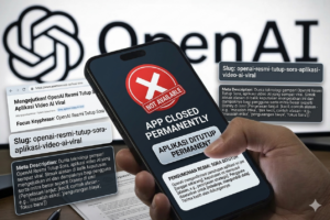 Ilustrasi layar monitor yang menampilkan logo OpenAI Sora dengan tulisan "DISCONTINUED" atau "OFFICIALLY CLOSED", melambangkan kabar bahwa OpenAI Resmi Tutup Sora, aplikasi video AI yang sempat viral.