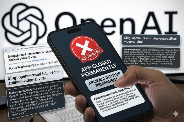 Ilustrasi layar monitor yang menampilkan logo OpenAI Sora dengan tulisan "DISCONTINUED" atau "OFFICIALLY CLOSED", melambangkan kabar bahwa OpenAI Resmi Tutup Sora, aplikasi video AI yang sempat viral.