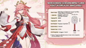 Ilustrasi merchandise Genshin Impact unik berupa raket nyamuk elektrik bertema karakter Yae Miko yang viral di komunitas.