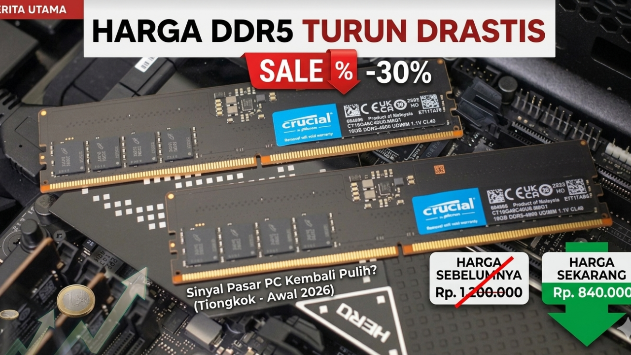 Ilustrasi kepingan RAM DDR5 berperforma tinggi dengan grafik harga yang menunjukkan tren menurun di pasar Tiongkok tahun 2026.