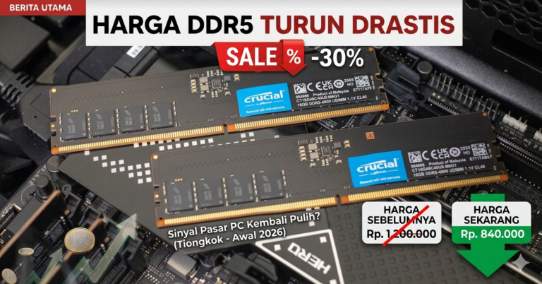 Ilustrasi kepingan RAM DDR5 berperforma tinggi dengan grafik harga yang menunjukkan tren menurun di pasar Tiongkok tahun 2026.