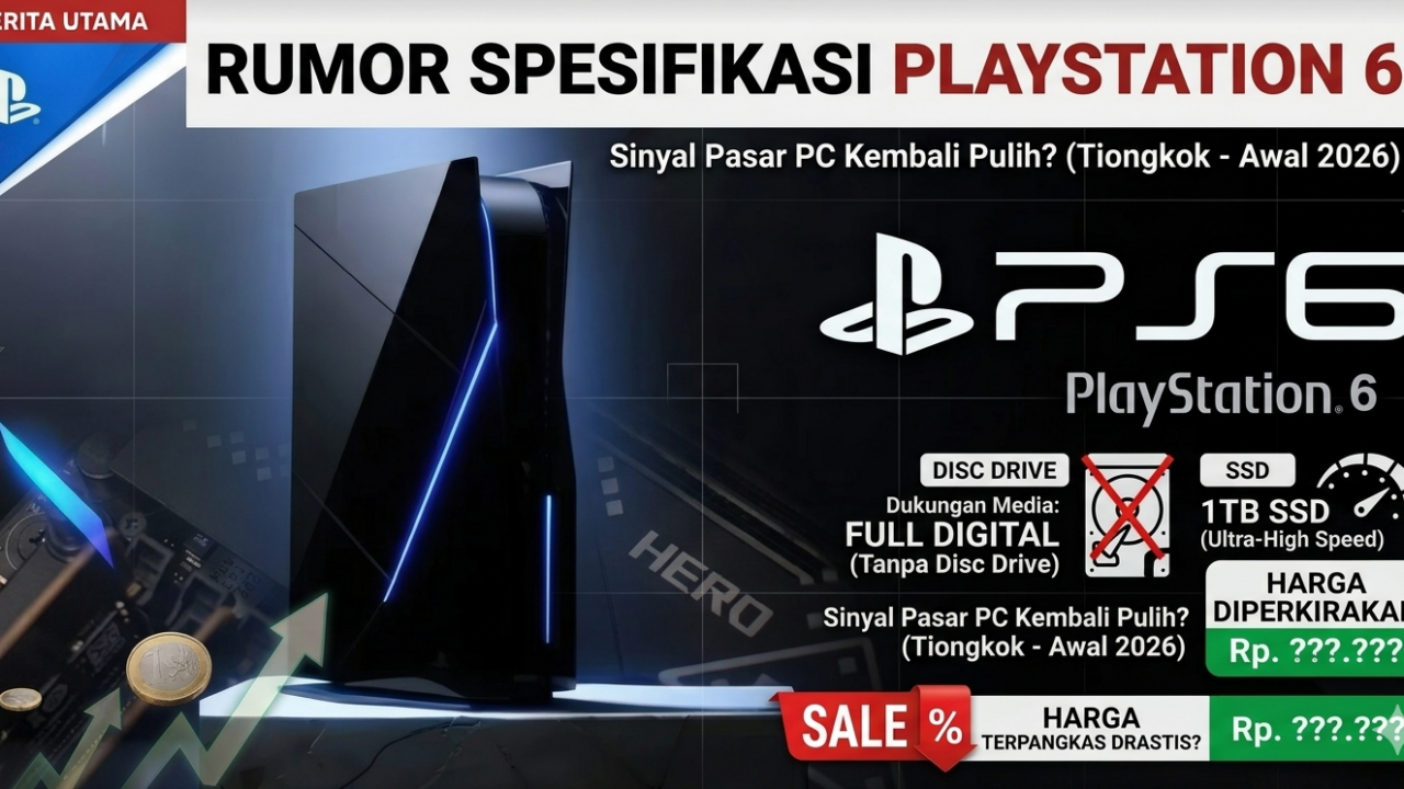 Ilustrasi konsep desain PlayStation 6 yang ramping tanpa disc drive dan logo SSD 1TB di latar belakang.
