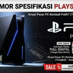 Ilustrasi konsep desain PlayStation 6 yang ramping tanpa disc drive dan logo SSD 1TB di latar belakang.