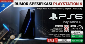 Ilustrasi konsep desain PlayStation 6 yang ramping tanpa disc drive dan logo SSD 1TB di latar belakang.