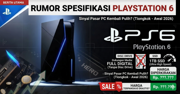 Ilustrasi konsep desain PlayStation 6 yang ramping tanpa disc drive dan logo SSD 1TB di latar belakang.