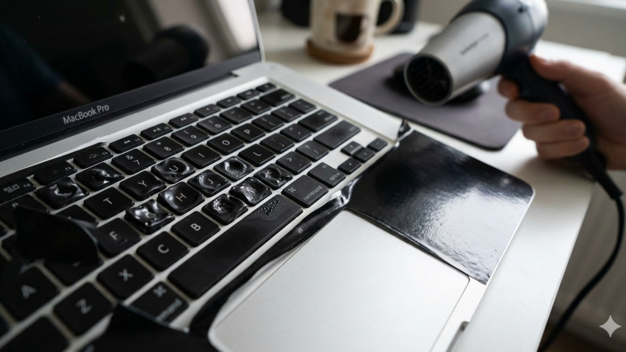 Tombol MacBook Pro meleleh saat dipasang skin menggunakan hair dryer