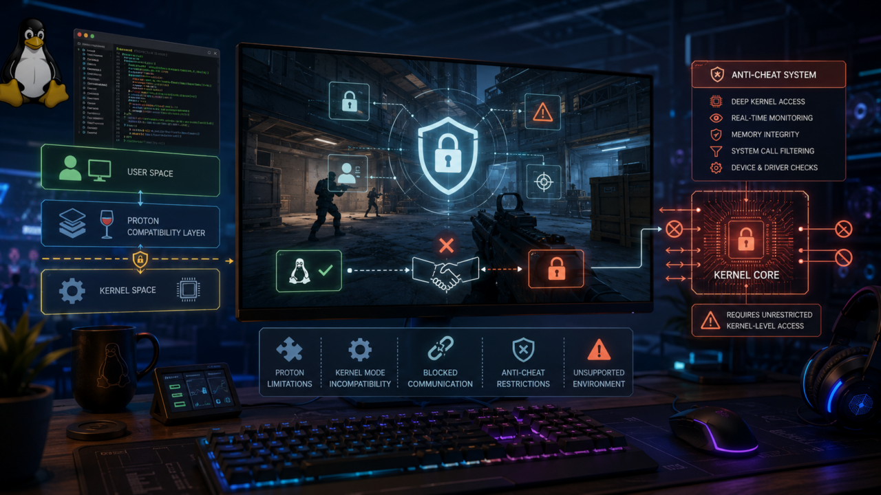 Anti-cheat Linux membuat game kompetitif sulit berjalan karena sistem kernel dan batasan Proton