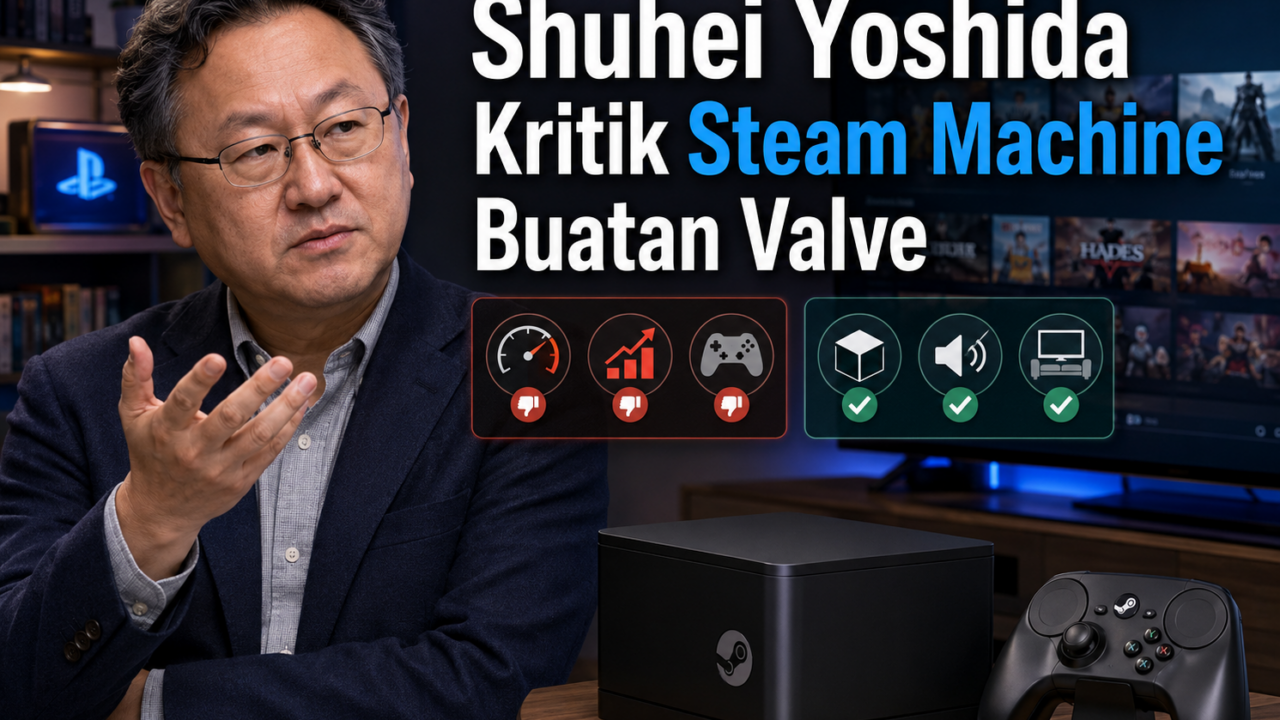 Shuhei Yoshida kritik Steam Machine buatan Valve setelah mencoba performa, controller, dan desain compact perangkat gaming tersebut.