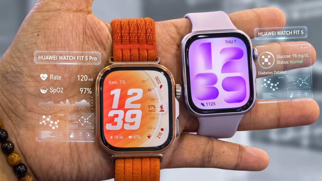 Gambar hands-on jam tangan pintar Huawei Watch Fit 5 yang memiliki fitur layar luas