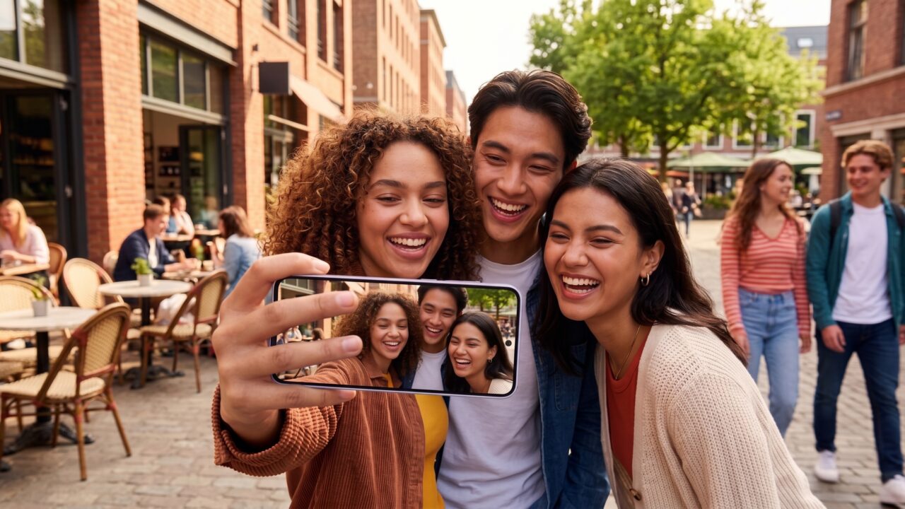 Fitur inovasi kamera depan Galaxy S26 FE yang diperlebar untuk mengambil foto grup