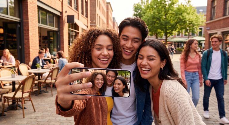 Fitur inovasi kamera depan Galaxy S26 FE yang diperlebar untuk mengambil foto grup